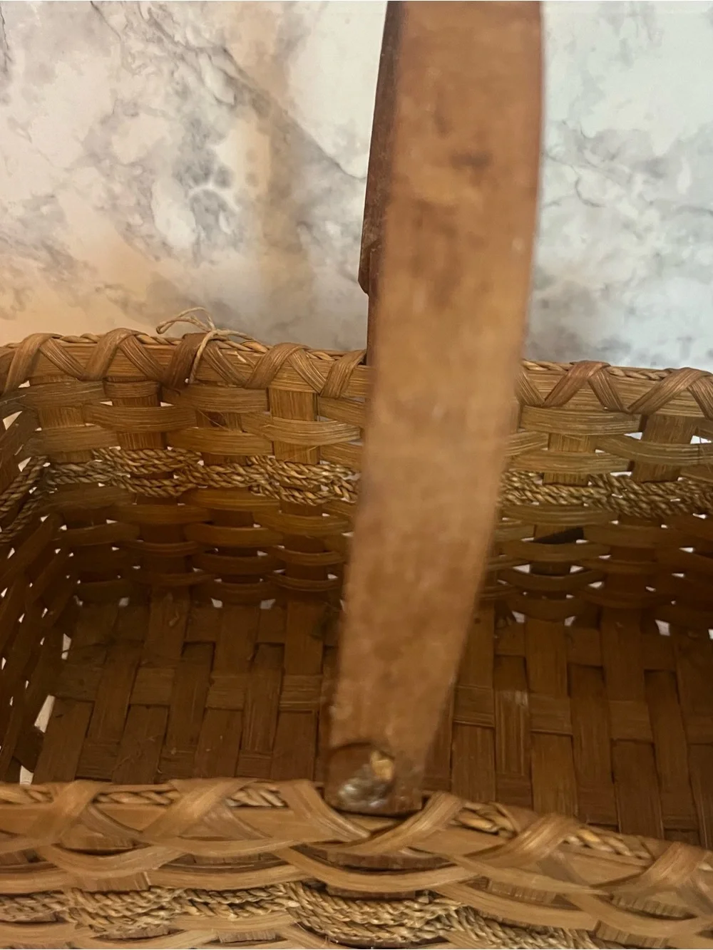 Vintage Brown Woven Basket with Wooden Handle and Fish Charm